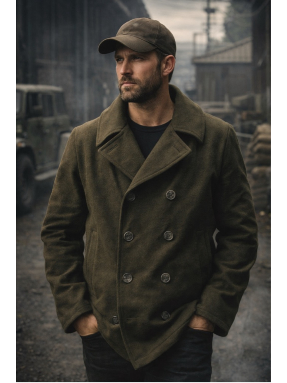 Alpha Industries Coat Men XL Wool Military Double Breasted Workwear Olive Green